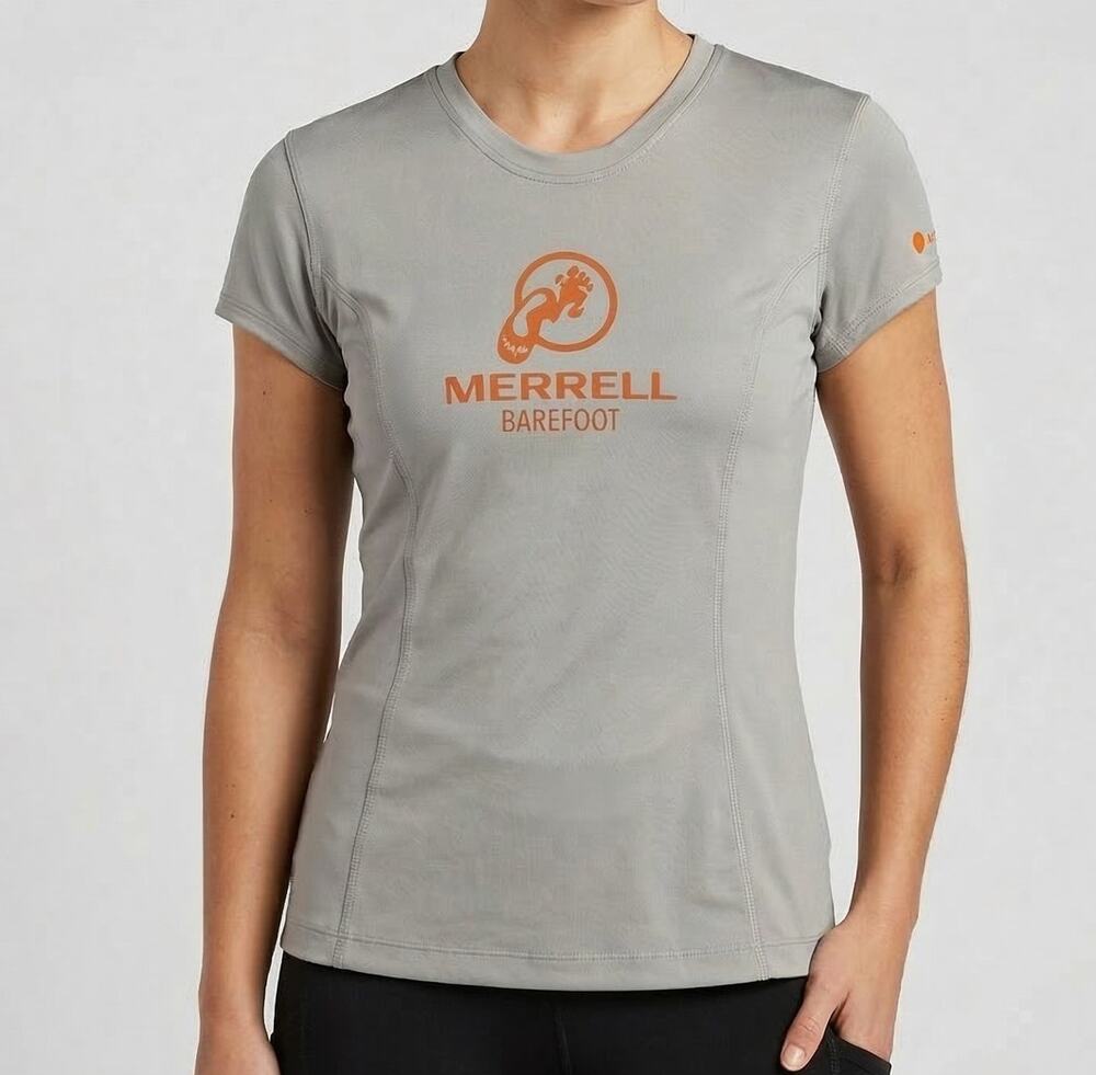 Merrell Barefoot Tech Shirt Opti-Wick T-Shirt Grey/Orange 20+ SPF Size Medium